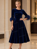 Elegant Velvet Feather Cuff Midi Dress