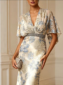 Elegant Floral  Flutter Sleeve Mermaid Maxi Dress