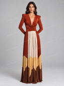 Elegant Color Block Plunge Neck Pleated Maxi Dress