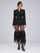 Tailored Blazer & Sheer Fringe Midi Skirt Two Piece Set