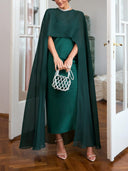 Elegant Satin and Sheer Chiffon Cape Maxi Dress