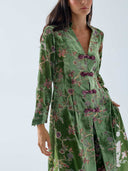 Retro Floral Print Frog Button Long Coat & Wide Leg Pants Set