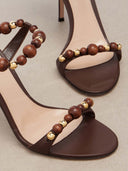 Wood Beaded Ankle-Wrap Stiletto Heeled Sandals