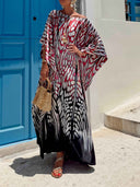 Abstract Print Off Shoulder Satin Kaftan Maxi Dress