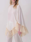 Elegant Fringe Trim Poncho Top & Straight Leg Pants Two-Piece Set