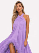 Elegant Halter Neck Sleeveless Feather Trim Satin Maxi Dress