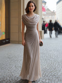 Elegant Draped Mock Neck Pleated Chiffon Maxi Dress