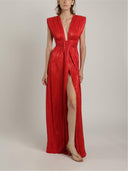 Elegant Deep V-Neck High Slit Maxi Dress