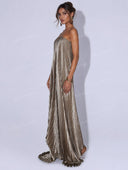 Elegant Strapless Sequin Pleated Maxi Dress