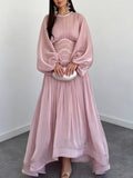 Elegant Pleated Waist Long Sleeve Satin Maxi Dress