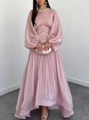 Elegant Pleated Waist Long Sleeve Satin Maxi Dress