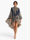 Elegant Vintage Print High Neck Flowy Mini Dress