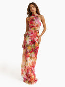 Fashion Floral Chiffon Halter Sleeveless A-Line Maxi Dress