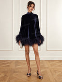 Elegant Mock Neck Feather Trim Velvet Mini Dress