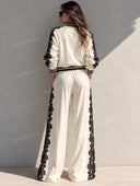 Casual Contrast Lace Bomber Jacket & Wide Leg Pants Two Piece Set