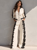 Casual Contrast Lace Bomber Jacket & Wide Leg Pants Two Piece Set