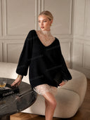 Elegant Lace Trim Knit Mini Dress
