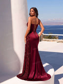 Elegant One-Shoulder Sequin Slit Evening Maxi Dress