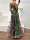 Elegant Floral Print Ruched One-Shoulder Sheer Maxi Dress