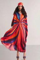 Elegant Waist‑Knot Rainbow Stripe Kaftan Maxi Dress