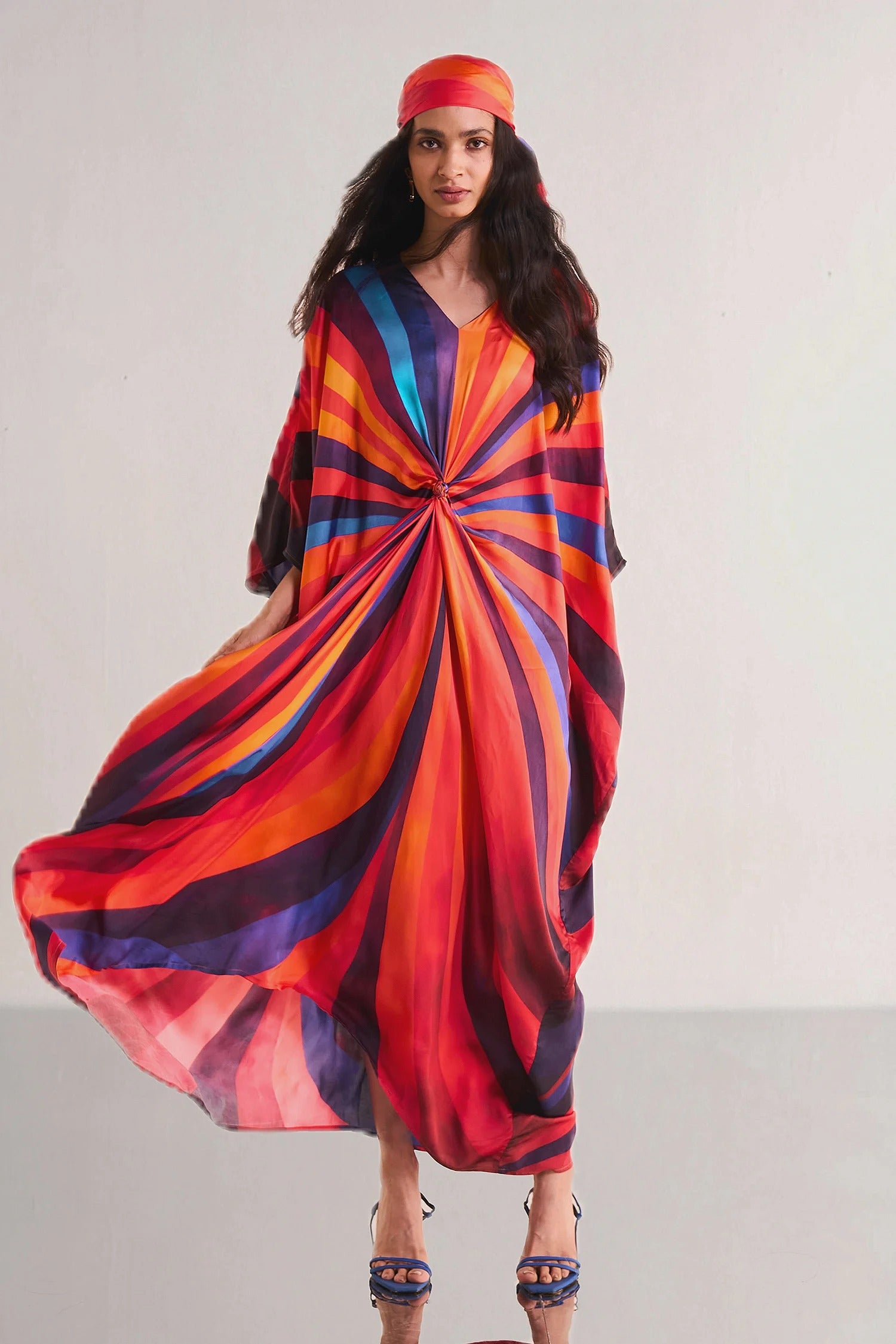 Elegant Waist‑Knot Rainbow Stripe Kaftan Maxi Dress