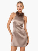 Elegant Feather-Trim High-Neck Satin Mini Dress