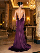 Elegant Halter-neck Draped Satin Train Maxi Dress