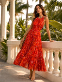 Elegant Halter Neck Abstract Print Tiered Maxi Dress