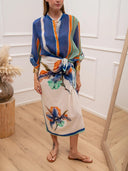 Striped Print Button-Up Shirt & Wrap Midi Skirt Set