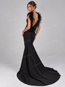 Elegant Feather Trim Mermaid Evening Maxi Dress