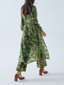 Retro Floral Print Frog Button Long Coat & Wide Leg Pants Set