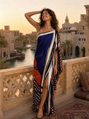 Elegant One-Shoulder Abstract Print Draped Maxi Dress