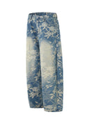 Floral Print Washed Denim Barrel Leg Jeans