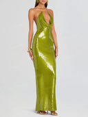 Sexy Sequin Halter Neck Cutout Maxi Dress