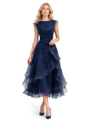 Elegant Organza Pleated Waist Ruffle Midi Dress
