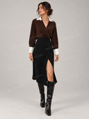 Contrast Collar Wrap Slit Midi Dress
