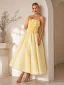 Romantic 3D Floral Strapless Midi Dress