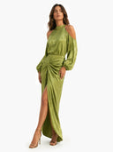Elegant Satin Off-Shoulder Twist Front Slit Maxi Dress