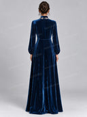 Velvet Button Front Long Sleeve Maxi Dress
