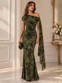 Floral Jacquard Velvet One Shoulder Ruched Maxi Dress