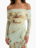 Printed Off-Shoulder Slit Maxi Dress