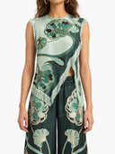 Retro Artistic Print Fringe Trim Asymmetrical Top & Pants Two-Piece Set
