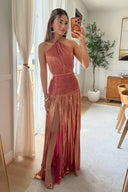 Elegant Metallic Pleated Halter Neck Maxi Dress
