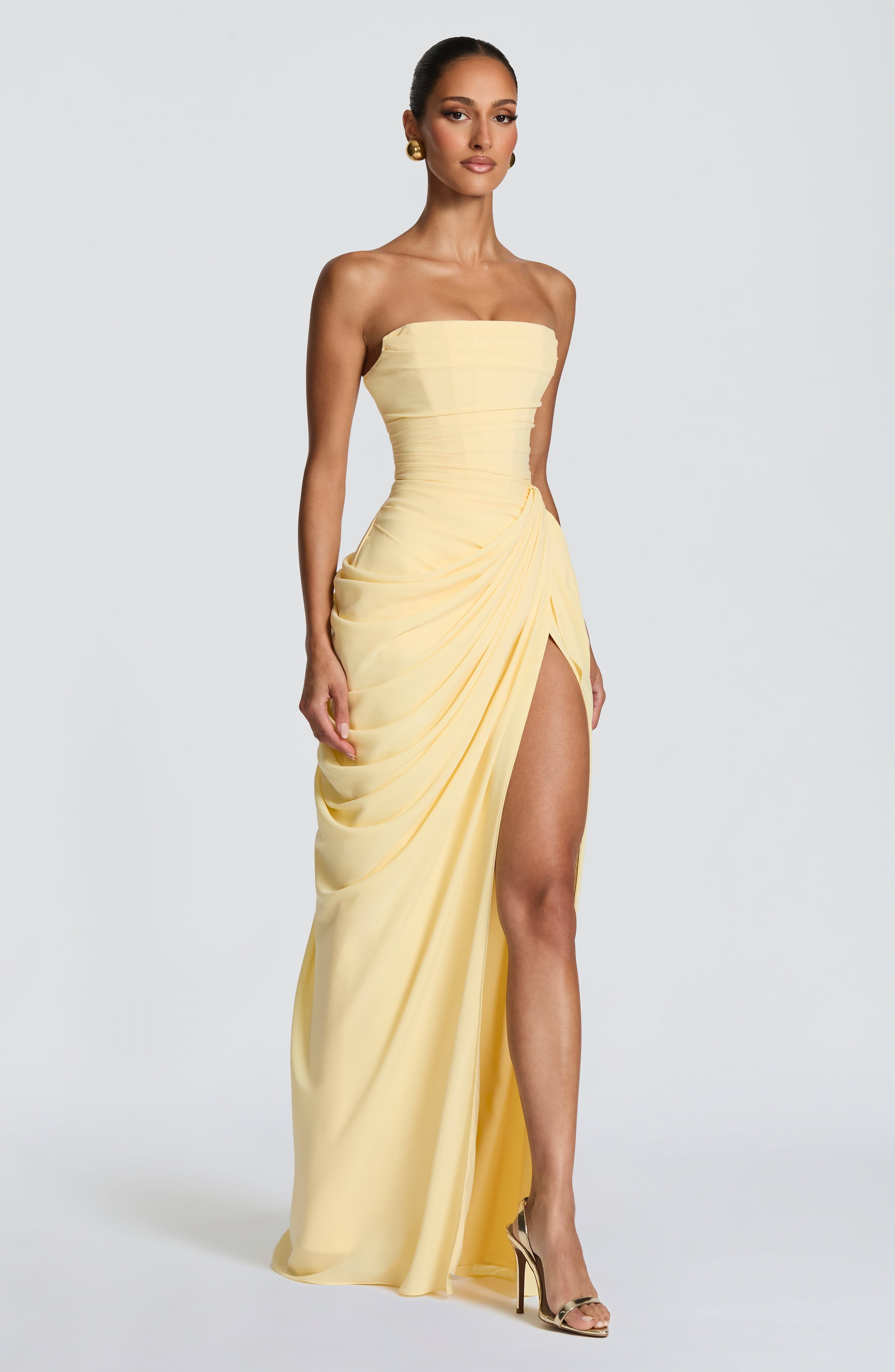 Strapless Pleated Slit Maxi Dress