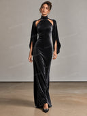 Velvet High Neck Cutout Cape Sleeve Maxi Dress