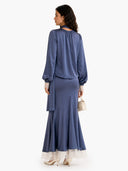 Elegant Puff Sleeve Satin Top & Lace Trim Maxi Skirt Two-Piece Set