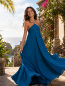 Elegant Beaded Halter Neck Flowy Maxi Dress