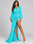 Elegant Ruched Wrap High Slit Maxi Dress