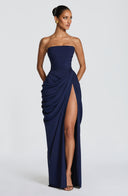 Strapless Pleated Slit Maxi Dress