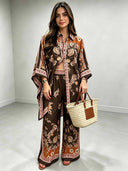 Retro Floral Print Satin Loose Shirt & Wide-Leg Pants Two-Piece Set